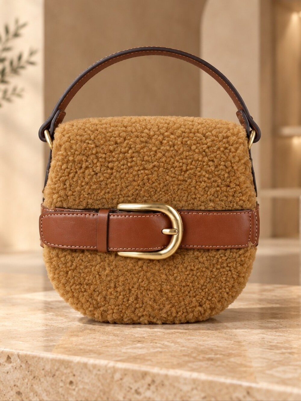 Patricia Nash Camel Shearling Shoulder Bag with Brown Leather Belt